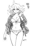  1girl abe_riko bikini breasts cleavage closed_mouth collarbone cowboy_shot danganronpa_(series) danganronpa_2:_goodbye_despair flying_sweatdrops genderswap genderswap_(mtf) hair_between_eyes hand_up highres hood hood_down hooded_jacket jacket komaeda_nagito large_breasts long_sleeves medium_hair messy_hair navel open_clothes open_jacket plant_print smile solo stomach swimsuit translation_request 