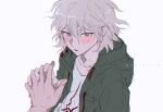  2boys blush boleum_(dgrpluna) danganronpa_(series) danganronpa_2:_goodbye_despair green_jacket grey_hair hair_between_eyes holding_hands jacket komaeda_nagito long_sleeves male_focus medium_hair messy_hair multiple_boys open_clothes open_jacket print_shirt shirt simple_background solo_focus sweat white_background white_shirt 