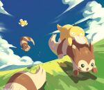  black_eyes blue_sky cloud commentary_request day falling full_body furret grass highres john_(kyoj) no_humans open_mouth outdoors pokemon pokemon_(creature) psyduck riding riding_pokemon running sky 