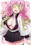 1girl belt black_jacket black_skirt braid breasts cleavage clenched_hand closed_eyes demon_slayer_uniform ekra gradient_hair green_hair green_thighhighs hand_up haori heart highres jacket japanese_clothes kanroji_mitsuri kimetsu_no_yaiba large_breasts long_hair mole mole_under_eye multicolored_hair multiple_braids open_mouth partially_unbuttoned pink_hair pleated_skirt skirt solo standing thighhighs tri_braids white_belt 