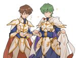  2boys armor brown_eyes brown_hair cape ced_(fire_emblem) commentary cuirass excited faulds fire_emblem fire_emblem:_thracia_776 green_eyes green_hair highres julianlynnnn leif_(fire_emblem) multiple_boys open_mouth red_cape short_hair shoulder_armor simple_background smile sparkle symbol-only_commentary teeth two-tone_cape upper_teeth_only white_background white_cape 
