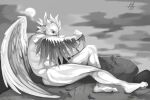  3:2 4_ears anthro avali bodily_fluids cloud crying feathered_wings feathers male monochrome multi_ear mynnothepen rock simple_background solo sun tears tiskanomicon winged_arms wings 