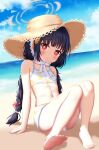  1girl absurdres arm_support ass bare_legs barefoot beach bikini black_hair blue_archive blue_sky blunt_bangs braid cloud cloudy_sky collarbone commentary_request halo hat highres horizon knees_together_feet_apart knees_up long_hair looking_at_viewer low_twintails miyu_(blue_archive) miyu_(swimsuit)_(blue_archive) navel ocean official_alternate_costume official_alternate_hairstyle red_eyes sidelocks sitting sky sleeveless soles solo stomach straw_hat swimsuit toes twin_braids twintails uro30 white_bikini 