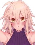  1girl ahoge bare_shoulders blush breasts fate/grand_order fate_(series) grey_hair highres jeanne_d&#039;arc_alter_(avenger)_(fate) jeanne_d&#039;arc_alter_(fate) large_breasts long_hair looking_at_viewer mitsurugi_sugar purple_sweater ribbed_sweater sleeveless sleeveless_turtleneck solo sweater turtleneck turtleneck_sweater yellow_eyes 