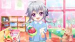  1girl :d aged_down ahoge apple basket black_bow blue_sky book bow bowl bowtie carrot chair child child&#039;s_drawing cooking_pot cup day dot_nose fake_food fence film_grain flower food fruit game_cg grey_hair hair_bow head_tilt holding holding_cup ichijou_ruka incoming_food indoors izumi_tsubasu kindergarten kindergarten_uniform ladle lens_flare non-web_source official_art open_mouth outstretched_arms pink_flower plate purple_eyes re:stage! red_bow red_bowtie short_hair_with_long_locks sink sky smile solo sparkle spatula straight-on strawberry stuffed_animal stuffed_penguin stuffed_rabbit stuffed_toy table teeth tile_floor tiles toy_kitchen upper_teeth_only white_flower window 