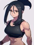  1girl armpit_crease black_hair black_tank_top breasts brown_eyes cleavage commentary_request dendra_(pokemon) hair_between_eyes large_breasts long_hair looking_at_viewer loose_hair_strand muscular muscular_female navel pokemon pokemon_(game) pokemon_sv ponytail rewin_(nobabys_perfect) sidelocks simple_background solo tank_top teeth white_background 