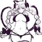  1girl animal_ears blush bow braid breasts cat_ears cat_girl cat_tail cleavage cowboy_shot efukei greyscale hat hat_bow highres kaenbyou_rin large_breasts looking_at_viewer monochrome multiple_tails navel side_braids simple_background solo tail touhou twin_braids two_tails 
