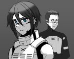  1boy 1girl android blue_eyes character_request commentary_request ear_piercing grey_background hair_between_eyes jacket monochrome ndtwofives parted_lips piercing signalis simple_background spot_color upper_body 