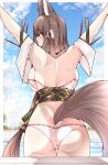  1girl absurdres amagi_(azur_lane) animal_ears arms_up ass azur_lane back backboob bikini blue_sky blush breasts brown_eyes brown_hair dated_commentary day fox_ears fox_girl fox_tail hair_ornament hair_tubes highres large_breasts long_hair looking_at_viewer looking_back outdoors poolside samip shoulder_blades sky standing swimsuit tail thighs very_long_hair white_bikini 