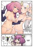  2girls @_@ aura_(sousou_no_frieren) bare_shoulders bikini blush braid breasts cellphone collarbone demon_girl demon_horns double_v elbow_gloves elf english_text flat_chest frieren gloves green_eyes highres horns large_breasts micro_bikini monochrome multiple_girls nakatokung navel open_mouth phone pointy_ears ponytail purple_hair selfie smartphone sousou_no_frieren sweatdrop swimsuit twintails v 
