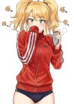  1girl blonde_hair buruma covering_mouth food green_eyes hand_over_own_mouth highres holding holding_food hoshii_miki idolmaster idolmaster_(classic) jacket long_sleeves looking_at_viewer roasted_sweet_potato simple_background solo sportswear sweet_potato track_jacket tsurui twintails 