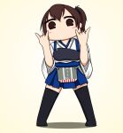  1girl \m/ black_thighhighs blue_hakama brown_eyes brown_hair double_\m/ full_body hakama hakama_short_skirt hakama_skirt japanese_clothes kaga_(kancolle) kantai_collection long_hair looking_at_viewer muneate nice_knee_socks_day no_mouth short_sidetail side_ponytail simple_background skirt solo standing tasuki thighhighs yakuto007 yellow_background 