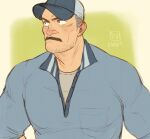  1boy aaron_gruber_(o_natsuo88) bara baseball_cap beard_stubble collared_sweater facial_hair grey_hair grey_shirt hat looking_to_the_side male_focus mature_male muscular muscular_male mustache o_natsuo88 old old_man original receding_hairline scar scar_on_cheek scar_on_face shirt short_hair simple_background solo sweater thick_eyebrows thick_mustache upper_body v-neck wrinkled_skin 