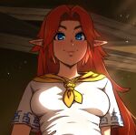  1girl akairiot blue_eyes breasts brown_background closed_mouth hair_intakes highres long_hair malon medium_breasts orange_scarf pointy_ears red_hair scarf short_sleeves smile solo the_legend_of_zelda the_legend_of_zelda:_ocarina_of_time upper_body wood 
