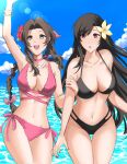  2girls aerith_gainsborough arm_up bangle bare_shoulders bikini black_bikini black_hair blue_sky bracelet braid braided_ponytail breasts brown_hair cloud cloudy_sky collarbone commentary cowboy_shot english_commentary final_fantasy final_fantasy_vii final_fantasy_vii_remake flower green_eyes hair_flower hair_ornament hair_ribbon halterneck hand_on_another&#039;s_arm highres holding_another&#039;s_arm horizon jewelry kivavis large_breasts long_hair medium_breasts multiple_girls navel necklace ocean open_mouth outdoors parted_bangs pink_bikini pink_nails pink_ribbon red_eyes red_flower red_nails ribbon shell_necklace side-tie_bikini_bottom sidelocks single_sidelock sky stomach swept_bangs swimsuit teeth tifa_lockhart upper_teeth_only water yellow_flower 