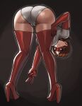 1girl ass bent_over bodysuit breasts brown_hair cameltoe closed_mouth domino_mask donburi_(donburikazoku) elastigirl grey_bodysuit helen_parr high_heels highres looking_at_viewer mask red_thighhighs short_hair solo superhero the_incredibles thighhighs v 