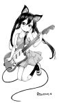  1girl animal_ears blush breasts cat_ears character_name greyscale guitar hamao highres instrument k-on! monochrome nakano_azusa paw_print shoes simple_background skirt small_breasts socks solo sports_bra twintails white_background 
