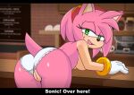  2023 absurd_res amy_rose anthro big_butt blurred_background bodily_fluids breasts butt clothing detailed_background digital_media_(artwork) embarrassed english_text eulipotyphlan eyelashes female furniture genitals gloves green_eyes handwear hedgehog hi_res looking_at_viewer lying mammal narrowed_eyes negicake panties pink_body pussy sega smile solo sonic_the_hedgehog_(series) table tail text underwear 