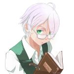  1boy artist_name book diary glasses green_eyes green_vest highres looking_at_viewer male_focus open_book open_mouth poshi_nemiiyo shirt short_hair simple_background upper_body vest white_background white_hair white_shirt 