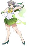  1girl arm_up armpits bare_legs belt_collar bishoujo_senshi_sailor_moon bow breasts collar collarbone cosplay covered_navel earrings elbow_gloves gloves gradient_hair green_bow green_eyes green_footwear green_hair green_ribbon green_skirt grey_hair hand_on_own_hip high_heels highres hori_shin impossible_clothes impossible_shirt jewelry large_breasts legs looking_at_viewer miniskirt mole mole_under_mouth multicolored_hair open_mouth original pleated_skirt ponytail ribbon sailor_jupiter sailor_jupiter_(cosplay) sailor_senshi_uniform shiny_skin shirt sidelocks simple_background skirt solo thighs toe_cleavage white_background white_gloves 