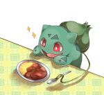  animal_focus blush bright_pupils bulbasaur claws curry curry_rice food highres holding holding_spoon nostrils open_mouth pekachukirby plant plate pokemon pokemon_(creature) red_eyes rice solo sparkle spoon vines white_pupils 