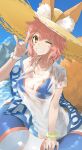  1girl absurdres animal_ear_fluff animal_ears ao_tsukushi bikini blue_bikini blue_sky breasts cleavage collarbone day ears_through_headwear fate/grand_order fate_(series) fox_ears fox_girl fox_print fox_shadow_puppet fox_tail hat highres innertube large_breasts long_hair looking_at_viewer one_eye_closed outdoors pink_hair shirt side-tie_bikini_bottom sky solo straw_hat swimsuit t-shirt tail tamamo_(fate) tamamo_no_mae_(swimsuit_lancer)_(fate) tamamo_no_mae_(swimsuit_lancer)_(second_ascension)_(fate) water wet wet_clothes wet_shirt yellow_eyes 