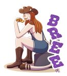  badge barnkatkreations boots breasts brown_hair clothing cowboy_boots cowboy_hat domestic_cat eating eating_food eating_pizza felid feline felis female footwear hair hat headgear headwear hi_res long_hair mammal overalls side_boob solo solo_focus 