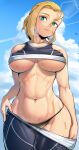  1girl abs absurdres bird black_panties blonde_hair blue_sky breasts cammy_white check_commentary clothes_lift clothes_pull cloud cloudy_sky commentary commentary_request contrail curvy day fighting_game from_below green_eyes hair_between_eyes highres hot large_breasts looking_at_viewer looking_down max_(maxlikeapicture) muscular muscular_female navel panties pants pants_pull refraction shirt_lift sidelocks sky sportswear stomach street_fighter street_fighter_6 sweat tank_top underboob underwear undressing wide_hips 