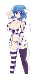 1girl absurdres animal_print arm_behind_head asymmetrical_legwear bell bikini black_thighhighs blue_hair breasts character_name commentary cow_girl cow_horns cow_print cow_tail fang feet_out_of_frame hand_in_pocket highres horns jacket jashin-chan_dropkick large_breasts looking_at_viewer minos_(jashin-chan_dropkick) mismatched_legwear moyuru_pen navel neck_bell open_mouth print_bikini print_jacket red_eyes short_hair side-tie_bikini_bottom simple_background sleeves_rolled_up solo striped striped_thighhighs swimsuit tail thighhighs white_background white_thighhighs 