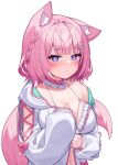  1girl animal_ears breasts cleavage closed_mouth deaver hakui_koyori highres hololive large_breasts pink_hair simple_background solo tail virtual_youtuber white_background wolf_ears wolf_girl wolf_tail 