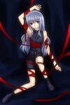  1boy arm_up black_background black_footwear expressionless grey_hair irino junior long_hair looking_at_viewer r.o.d_the_tv read_or_die red_eyes red_ribbon ribbon shoes simple_background sleeveless solo 