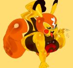  2023 anthro anthrofied blush bodily_fluids breasts cleft_tail clothing cosplay_pikachu_(costume) female generation_1_pokemon gesture greatalmightyjj hi_res mask narrowed_eyes nintendo open_mouth pikachu pikachu_libre pokemon pokemon_(species) saliva simple_background solo tongue tongue_out yellow_body yellow_skin 