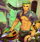  1boy abs banner bara bare_pectorals belt blood blood_on_knife blood_on_weapon blue_shirt bone breezem18 bulbasaur bulge candy chest_harness collared_shirt evil_eyes food green_hair halloween halloween_costume harness highres holding holding_knife holding_weapon holster kitchen_knife knife large_ears large_pectorals looking_at_viewer muscular muscular_male navel nipples pants pectorals personification plant pokemon pumpkin red_eyes shirt short_hair shoulder_holster silk skull smile spider_web sprout sprout_on_head thick_eyebrows tombstone vines weapon 