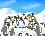  1girl :o antarctica beret bird black_eyes black_headwear black_ribbon black_skirt blue_sky brown_footwear brown_hair cloud commentary_request dead_animal emperor_penguin fish flower hands_on_own_knees hat hat_flower hat_ribbon hatoba_tsugu highres ice jitome loafers looking_at_animal medium_hair mole mole_under_eye neck_ribbon open_mouth outdoors pantyhose penguin pigeon-toed raised_eyebrows ribbon shirt shoes single_hair_ring skirt sky snow solo squatting surrounded suspender_skirt suspenders testest tsugu_(vtuber) virtual_youtuber white_flower white_pantyhose white_shirt wide_shot 
