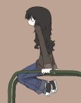  1girl brown_background brown_sweater converse denim expressionless from_side highres jeans long_hair original pants playground solo sweater torosakana 