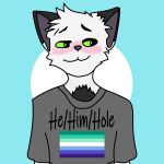  anthro black_ears blizzardfur blizzardfur-maxxx blush blush_lines clothing domestic_cat felid feline felis fur hi_res male mammal portrait pride_color_flag shirt simple_background solo standing t-shirt text topwear white_body white_fur 