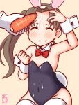  1girl 1other animal_ears artist_logo ayanami_(kancolle) black_leotard bow bowtie breasts brown_hair carrot closed_eyes commentary_request cowboy_shot dated detached_collar disembodied_limb forehead kanon_(kurogane_knights) kantai_collection leotard one-hour_drawing_challenge parted_bangs playboy_bunny rabbit_ears rabbit_tail red_bow red_bowtie sexually_suggestive side_ponytail sitting small_breasts suggestive_fluid tail thighhighs white_thighhighs wrist_cuffs yellow_background 