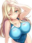  1girl atago_(kancolle) blonde_hair blue_one-piece_swimsuit blush breasts collarbone competition_swimsuit cowboy_shot dated green_eyes highres kantai_collection large_breasts long_hair looking_at_viewer montemasa one-piece_swimsuit one_eye_closed simple_background solo swimsuit twitter_username white_background 