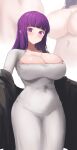 1girl absurdres blunt_bangs breasts buta_dong cleavage cosplay covered_navel dongtan_lady_(k_pring) dongtan_lady_(k_pring)_(cosplay) dress fern_(sousou_no_frieren) highres large_breasts long_hair looking_at_viewer mole mole_on_breast multiple_views nude purple_eyes purple_hair sousou_no_frieren taut_clothes taut_dress very_long_hair white_dress 