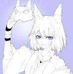  1girl :d animal_ear_fluff animal_ears azur_lane blue_eyes blunt_bangs fox_ears fox_girl greyscale greyscale_with_colored_background holding holding_mask japanese_clothes kaga_(azur_lane) looking_at_viewer mask monochrome purple_background simple_background skirt smile solo spot_color suprii upper_body wide_sleeves 