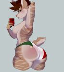  2d_(artwork) anthro big_breasts big_butt bikini bikini_bottom blush breasts brown_body brown_hair butt cellphone clothed clothing ear_piercing fangs felid female green_eyes grey_background hair hi_res italian_flag mammal phone piercing ppkrnyy saber-toothed_tiger scut_tail selfie short_tail simple_background smartphone solo striped_body stripes swimwear tail teeth toofer topless 