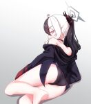  1girl absurdres ahoge ass bare_back bare_legs barefoot black_choker black_hair black_panties black_sweater blue_archive choker commentary_request demon_girl demon_horns from_behind hair_between_eyes halo highres hood hooded_sweater horns jonasmk kayoko_(blue_archive) long_hair long_sleeves looking_at_viewer looking_back lying multicolored_hair on_stomach panties ponytail red_eyes sidelocks simple_background soles solo sweater two-tone_hair underwear white_hair 