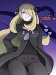  1girl aruke_(gter7727) black_pants black_sclera blonde_hair breasts coat colored_sclera cowboy_shot cynthia_(pokemon) from_below fur-trimmed_coat fur_trim garchomp gradient_background grey_eyes hair_over_one_eye hand_on_own_hip looking_at_viewer pants pokemon pokemon_(creature) pokemon_(game) pokemon_dppt purple_background sharp_teeth smile teeth 