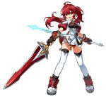  1girl dress elesis_(elsword) elsword full_body highres holding holding_sword holding_weapon long_hair looking_at_viewer official_art ponytail red_eyes red_hair soar_knight_(elsword) solo sword thighhighs transparent_background weapon white_dress white_thighhighs 