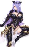  1girl armor black_armor black_capelet blush breastplate breasts cait_aron camilla_(fire_emblem) capelet cleavage faulds fire_emblem fire_emblem_fates gauntlets greaves hair_over_one_eye highres large_breasts long_hair looking_at_viewer pelvic_curtain purple_eyes purple_hair smile solo tiara wavy_hair white_background 