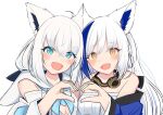  2girls :d absurdres ahoge animal_ear_fluff animal_ears aomiya_yozuri aqua_eyes bare_shoulders blue_hair blue_kimono blue_neckerchief braid breasts commentary_request creator_connection dress ear-to-ear fang fox_ears fox_girl goggles goggles_around_neck hair_between_eyes heart heart_hands heart_hands_duo highres hololive hood hooded_vest hoodie japanese_clothes kimono long_hair looking_at_viewer medium_breasts morishi2000 multicolored_hair multiple_girls neckerchief open_mouth shirakami_fubuki shirakami_fubuki_(1st_costume) sidelocks simple_background smile strapless streaked_hair vee_(vtuber) vest virtual_youtuber white_background white_dress white_hair white_sleeves yellow_eyes 