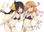  2girls animal_print bare_shoulders bikini bikini_top_only black_bikini black_hair blush bow breasts cinderella_girls_gekijou cleavage cowboy_shot hair_between_eyes hair_bow hair_ribbon hand_up holding holding_microphone idolmaster idolmaster_cinderella_girls idolmaster_cinderella_girls_starlight_stage kazuchi leopard_print long_hair looking_at_viewer matoba_risa microphone multiple_girls musical_note navel open_hand open_mouth orange_hair partially_unbuttoned purple_eyes reaching reaching_towards_viewer ribbon short_hair short_shorts shorts small_breasts smile standing swimsuit twintails white_background white_shorts yellow_eyes yuuki_haru 