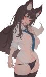  1girl :p absurdres animal_ears black_panties breasts brown_eyes brown_hair highres large_breasts navel necktie original panties see-through shirt simple_background skindentation solo tail thighhighs tongue tongue_out underwear white_background white_shirt wolf_ears wolf_tail zerocat 