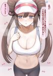 1girl :o absurdres arm_behind_back blue_eyes breasts brown_hair cleavage collarbone double_bun doughnut_hair_bun hair_bun highres large_breasts long_hair midriff navel pants pipi20211026 pokemon pokemon_(game) pokemon_bw2 rosa_(pokemon) solo sports_bra stomach sweat thought_bubble translation_request twintails very_long_hair visor_cap yoga_pants 