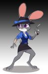  2023 absurd_res anthro blood bodily_fluids breasts cleavage clothed clothing disney female fur grey_body grey_fur gun hat headgear headwear hi_res holding_gun holding_object holding_weapon judy_hopps lagomorph leporid mammal multicolored_body multicolored_fur purple_eyes rabbit ranged_weapon simple_background siroc solo two_tone_body two_tone_fur weapon white_body white_fur wraps zootopia 
